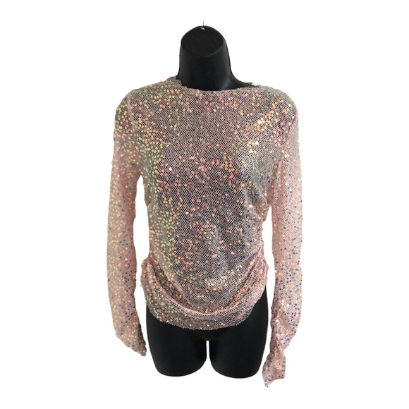 Sans Souci Pink‎ Sequin sheer mesh iridescent shirred side and sleeve top size M - Picture 3 of 11
